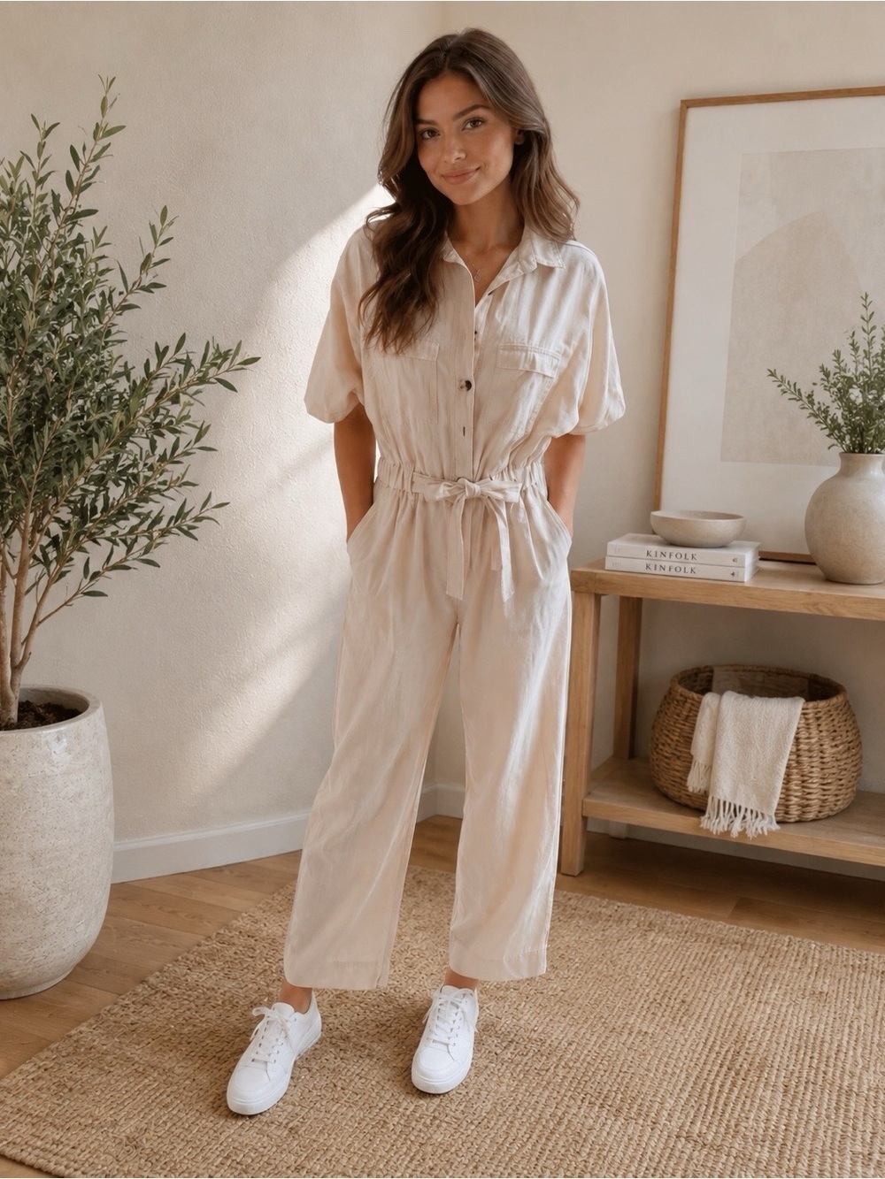 Universal Thread Cream Linen Blend Boiler Suit Romper Size 8 Waist Tie Jumpsuit